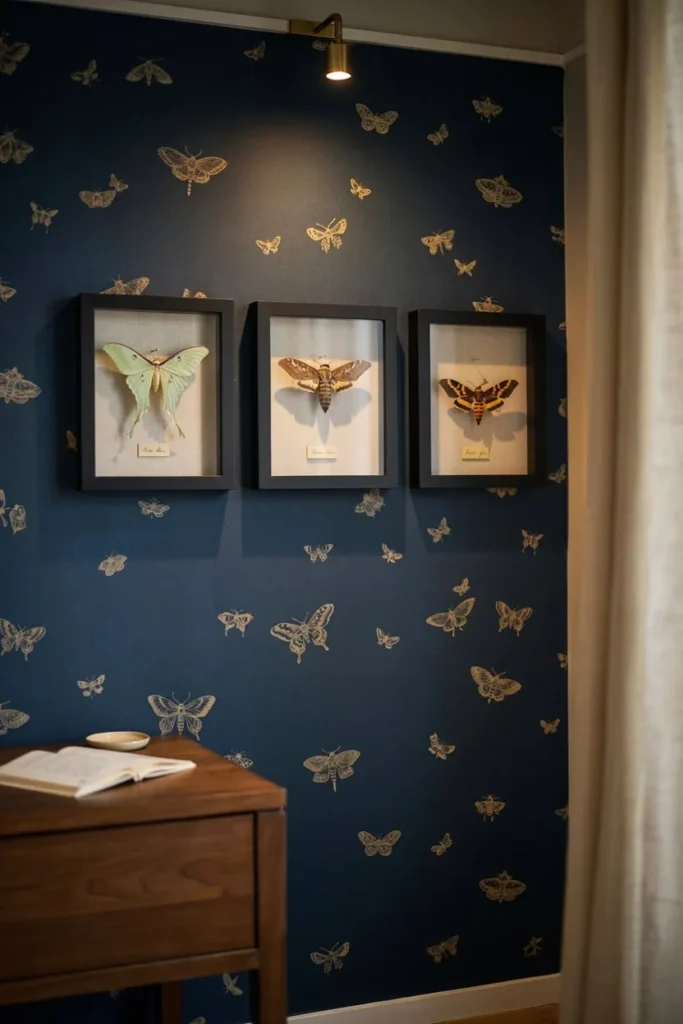 Midnight blue moth wallpaper wall with three shadow boxes of pinned paper moths