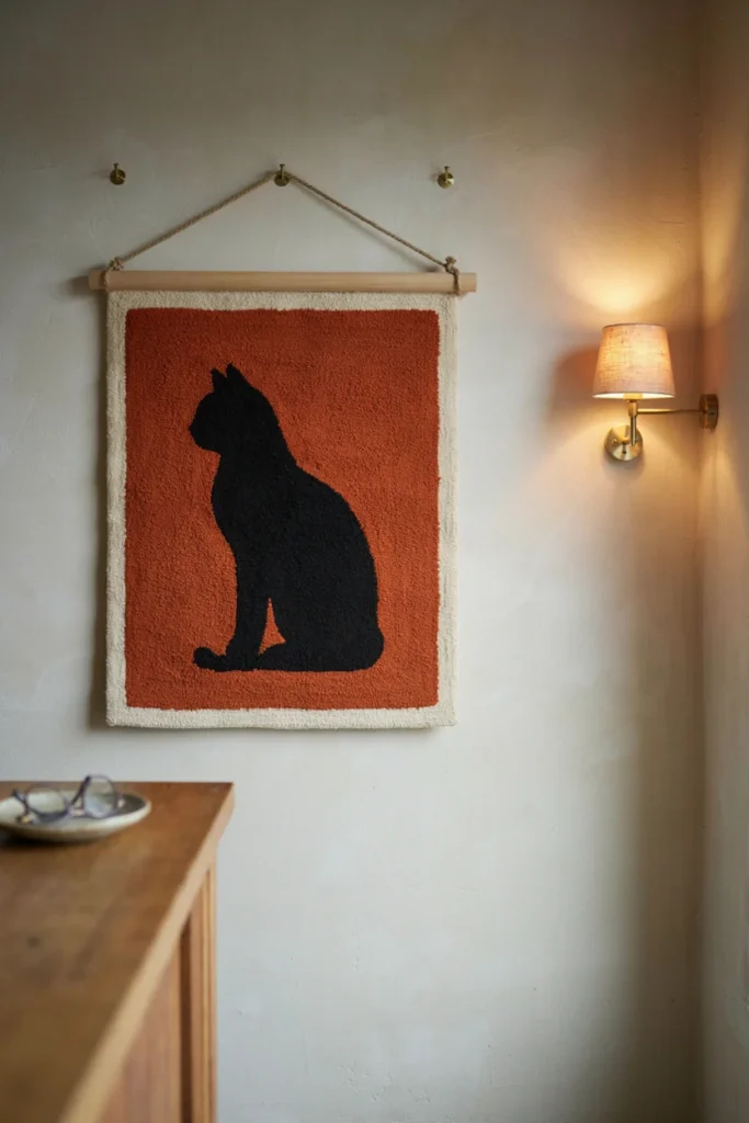 Hooked wool wall hanging of a black cat on an orange ground with a cream border