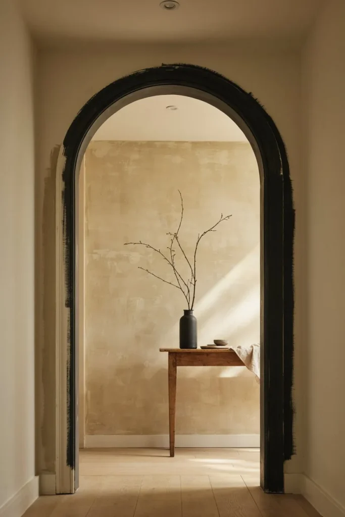 Matte black painted arch around an oak console with a black vase and bare branches