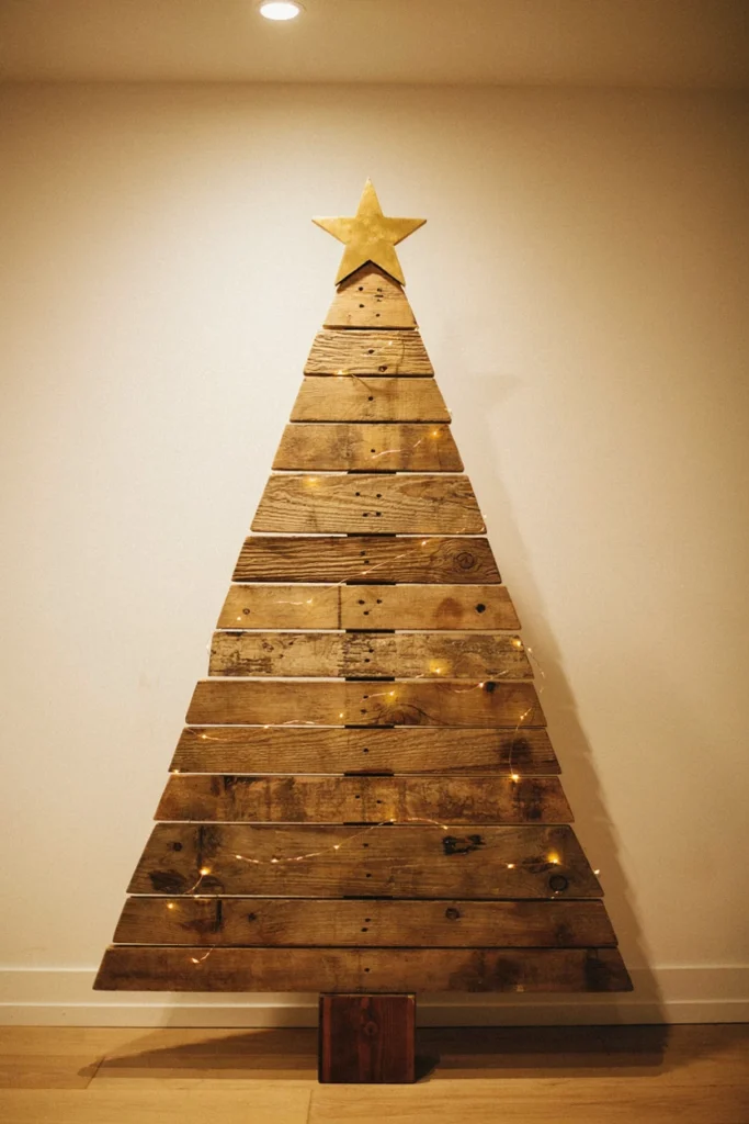 Christmas tree made of graduated reclaimed planks with a star and warm lights on a white wall