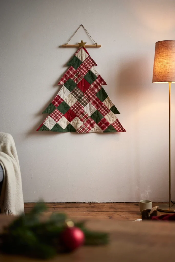 Patchwork quilted Christmas tree hanging from a wooden dowel on a white wall