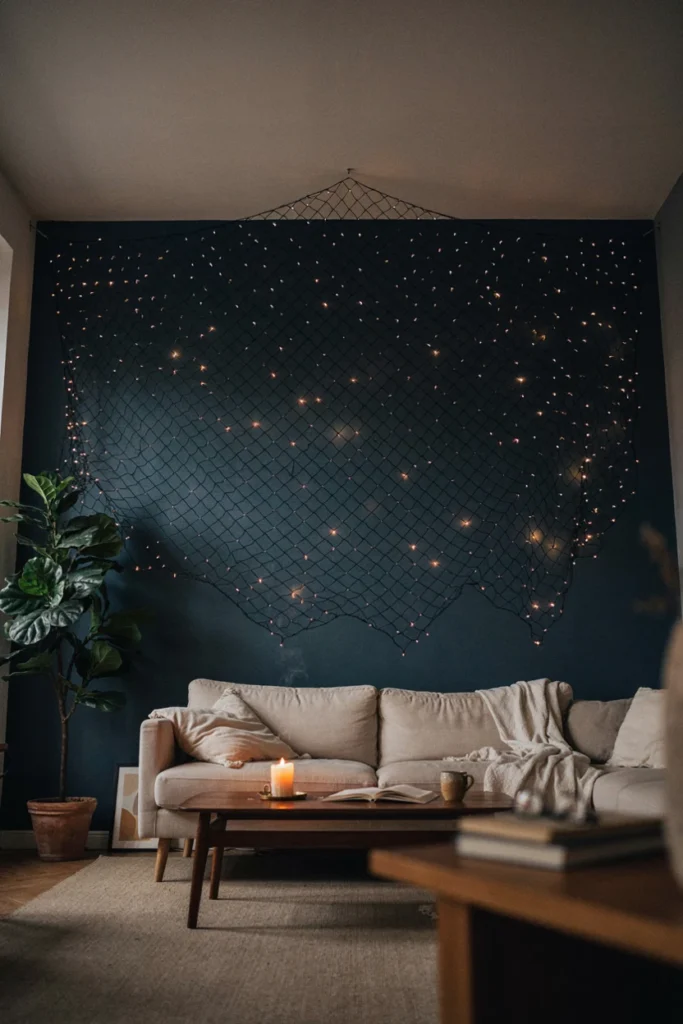 Wall covered in warm net lights twinkling like stars behind a linen sofa