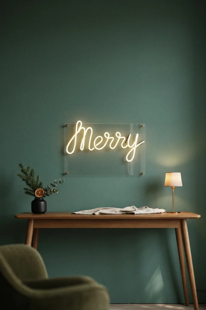 Warm white neon sign reading Merry on a deep green wall above a console