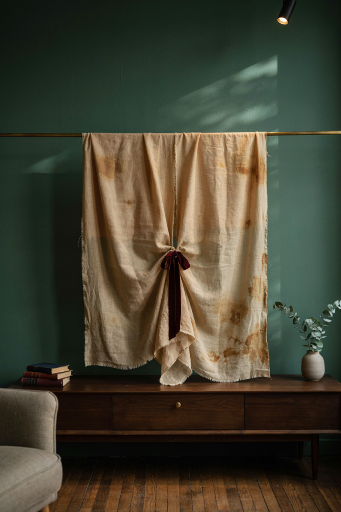 Tea-stained gauze panels gathered with ribbon hanging from a brass rod on a green wall