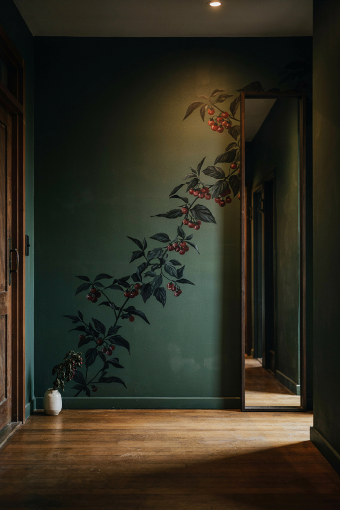  Hand-painted nightshade vine with oxblood berries climbing a forest green hallway wall