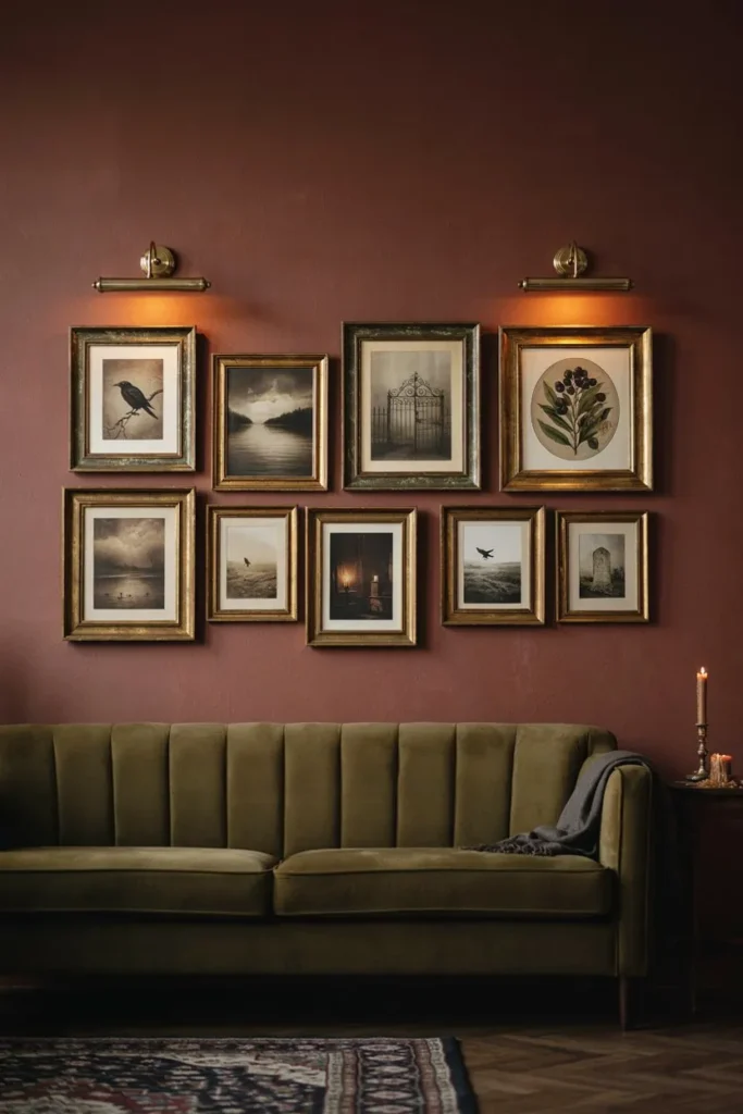 Gallery wall of antique brass frames with raven and cemetery prints on an oxblood wall
