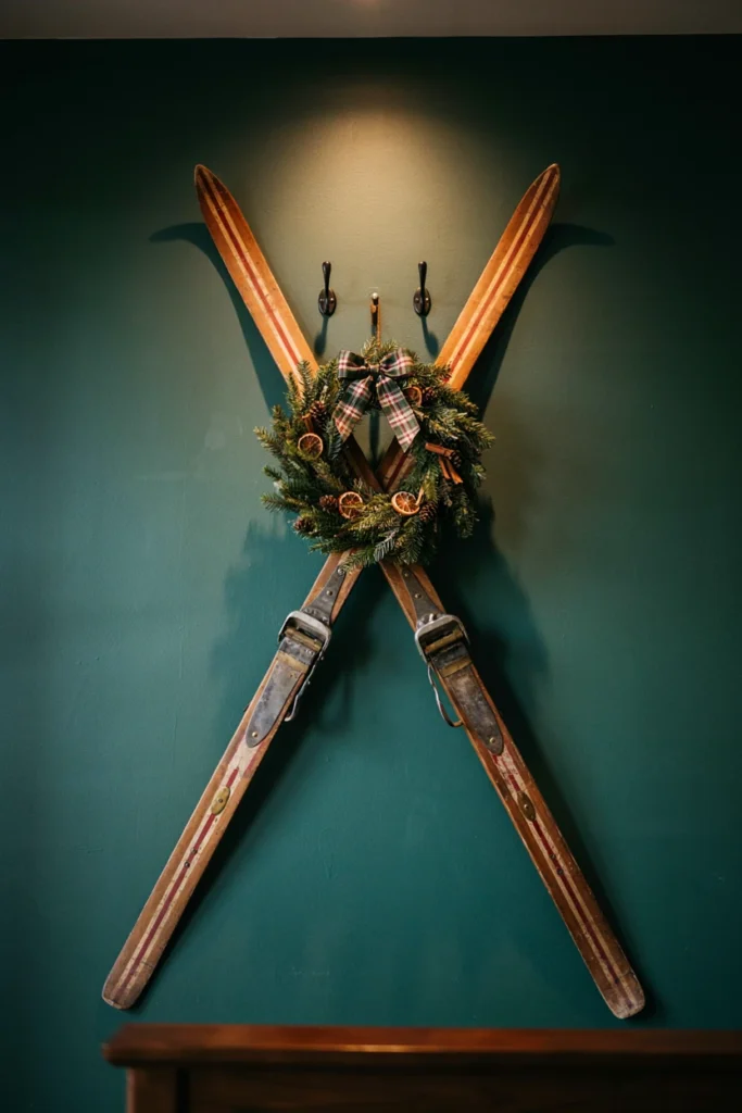 Two vintage wooden skis crossed in an X with a cedar wreath on a green wall