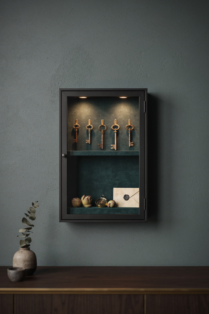 Black glass-front wall cabinet holding antique keys, a compass, and seed pods above a console