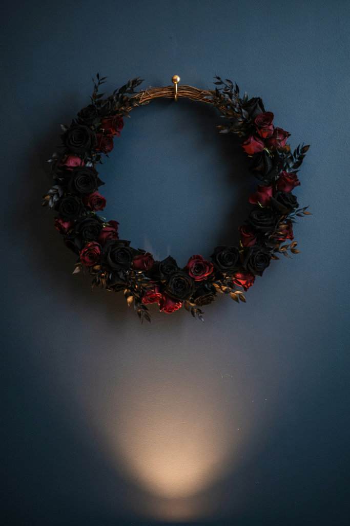 Crescent of dried black and oxblood roses hanging on a midnight navy wall