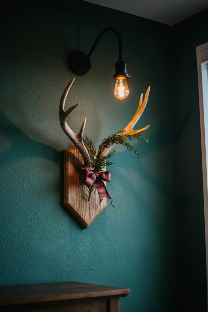 Pale antler mount on a walnut plaque with cedar garland and plaid bow on a green wall