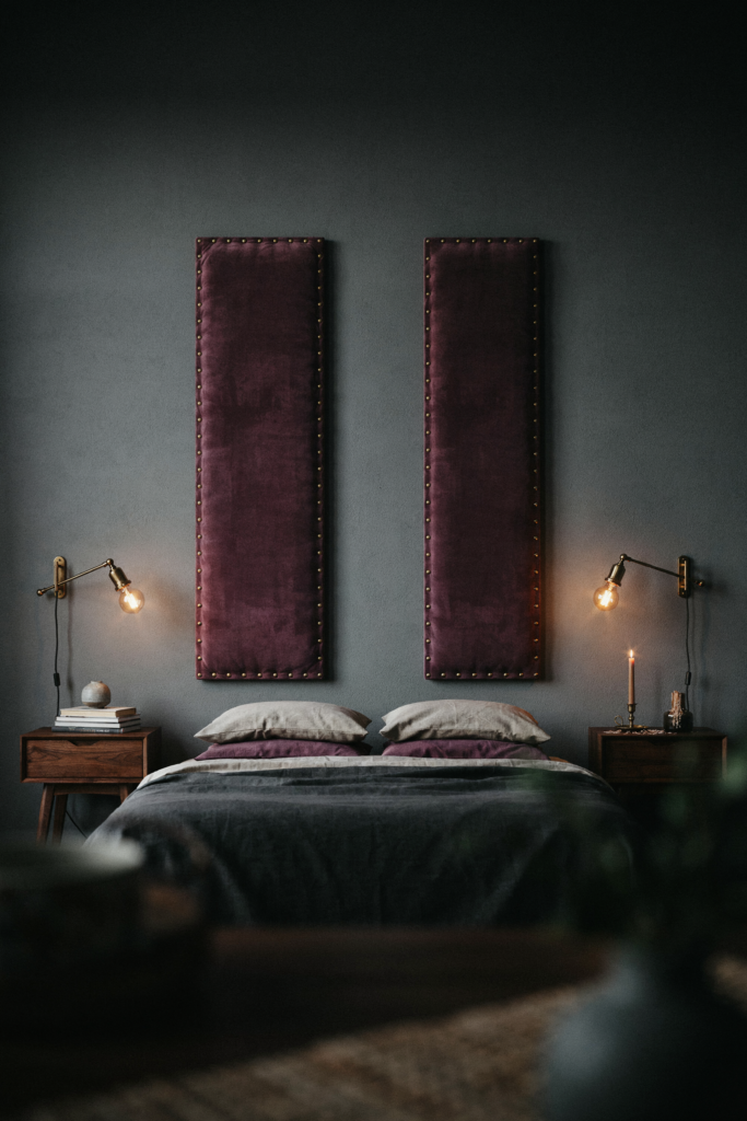 Two plum velvet panels with brass nailhead trim behind a bed between swing-arm lamps