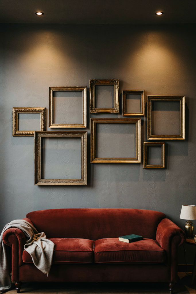 Cluster of nine empty gilded frames on a charcoal wall above a sofa