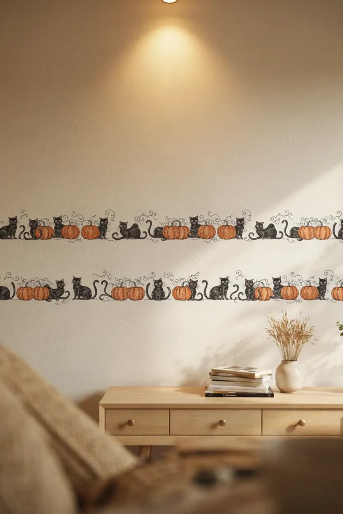 Narrow wallpaper border with black cats and orange pumpkins running across a cream wall