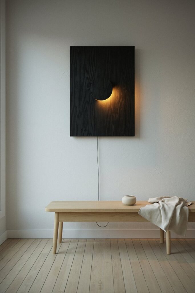 Backlit crescent moon cutout in black-stained birch glowing on a pale wall