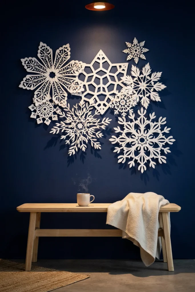 Five giant white paper snowflakes in a cluster on a deep navy wall