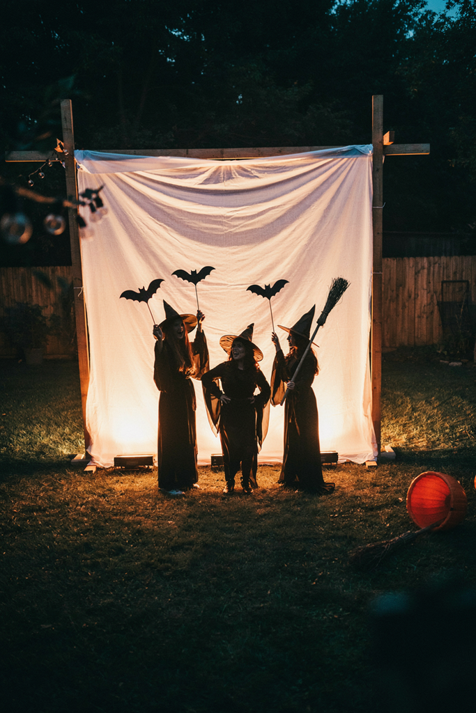 Backlit white sheet wall with guests in costume appearing as sharp silhouettes