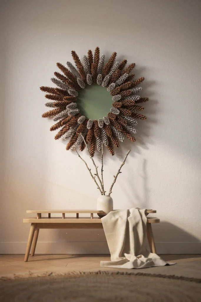 Starburst of white-tipped pine cones on a green disc above a wooden bench