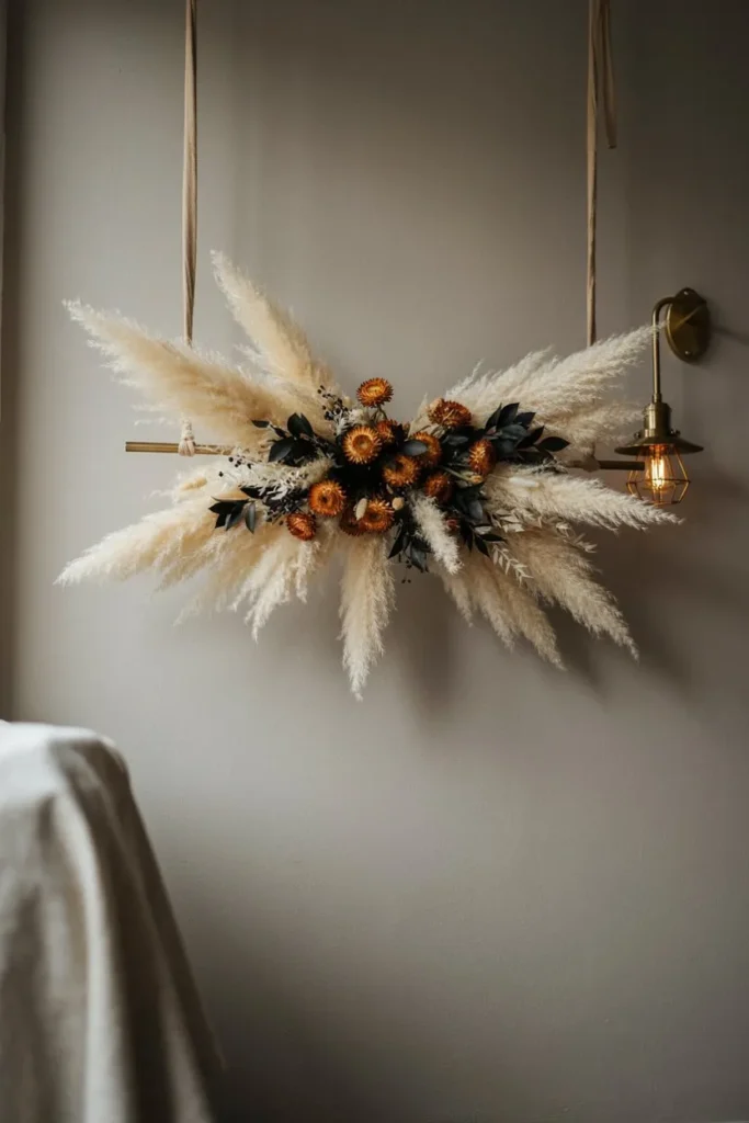 Dried pampas, black ruscus, and orange strawflowers hanging from a brass rod on a wall