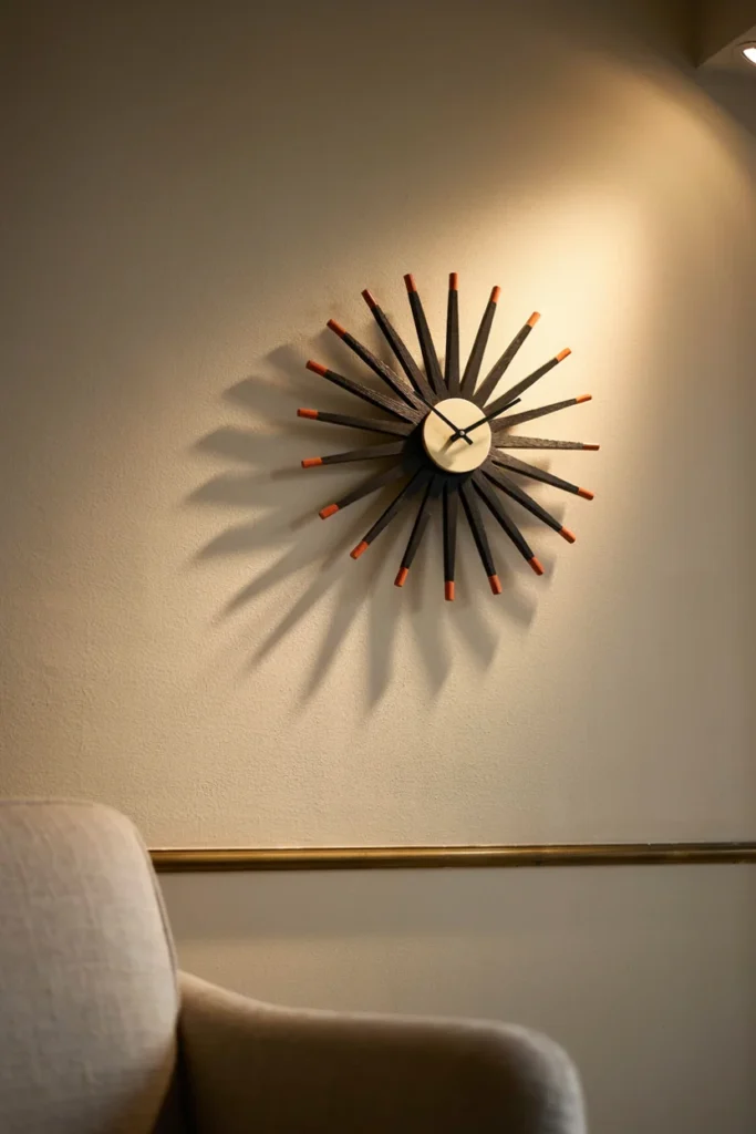 Black and orange mid-century starburst of wooden rods on a cream wall