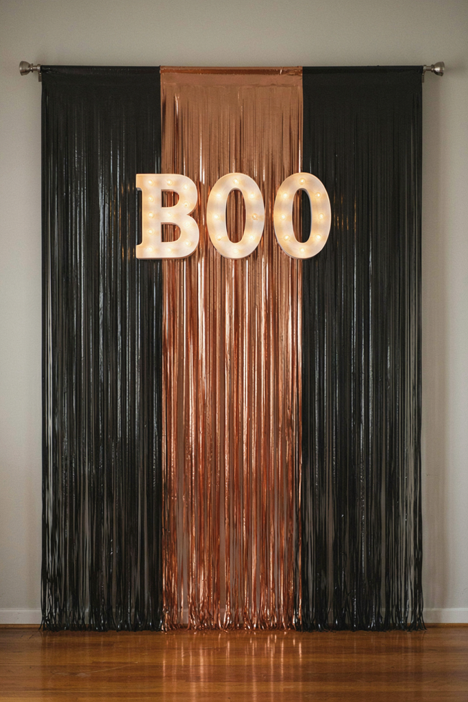 Black and copper foil fringe curtain with light-up BOO marquee letters on a wall