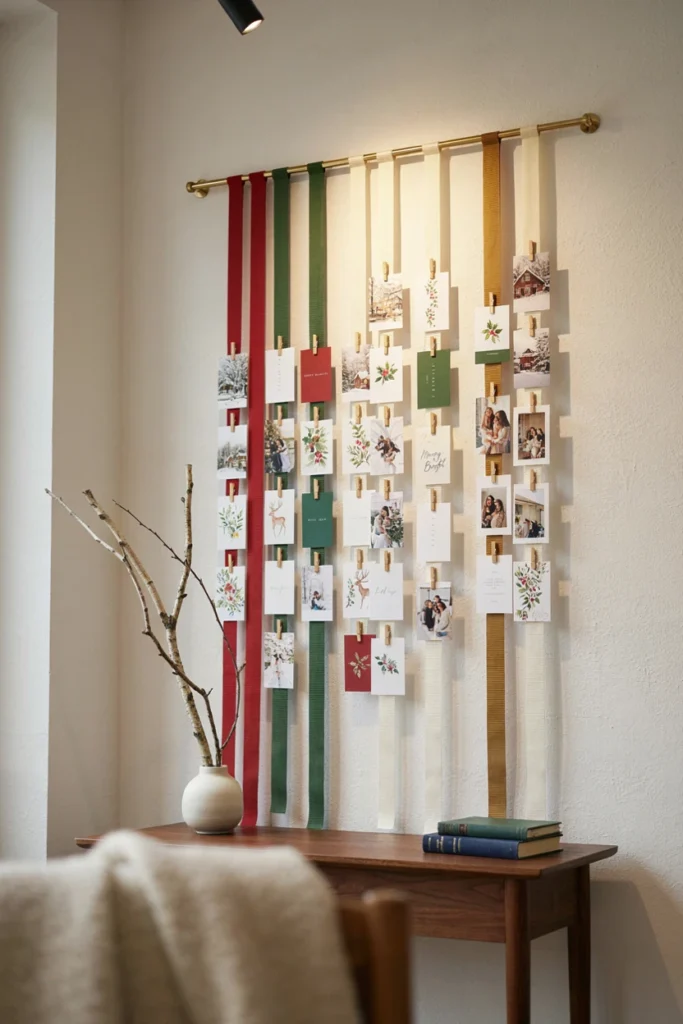Four wide ribbons holding Christmas cards with wooden clips on a white wall