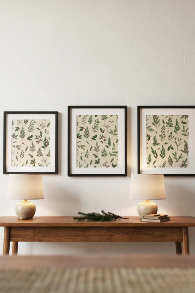 Three black frames holding matching evergreen wrapping paper above a sideboard
