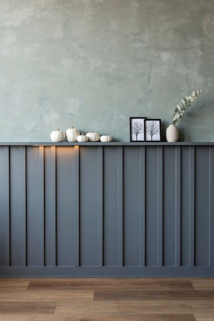 Charcoal board-and-batten wall with white mini pumpkins and framed photos on a ledge