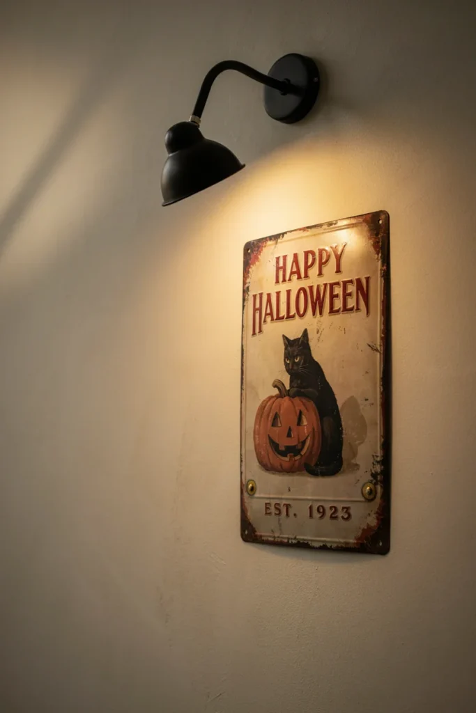 Embossed vintage-style tin sign with a black cat and pumpkin on a cream wall