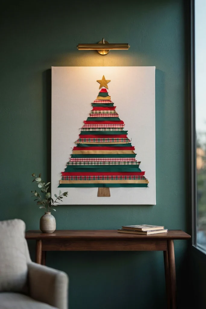 Christmas tree made of red, green, and gold ribbon strips on an ivory canvas