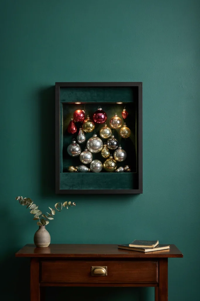 Black shadow box holding vintage red, gold, and silver ornaments on green velvet