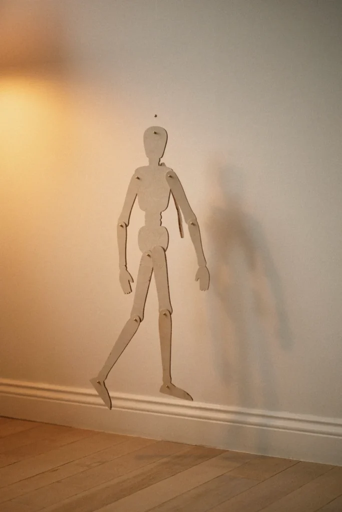 Jointed paper skeleton hanging from one pin on a cream wall with a long side shadow