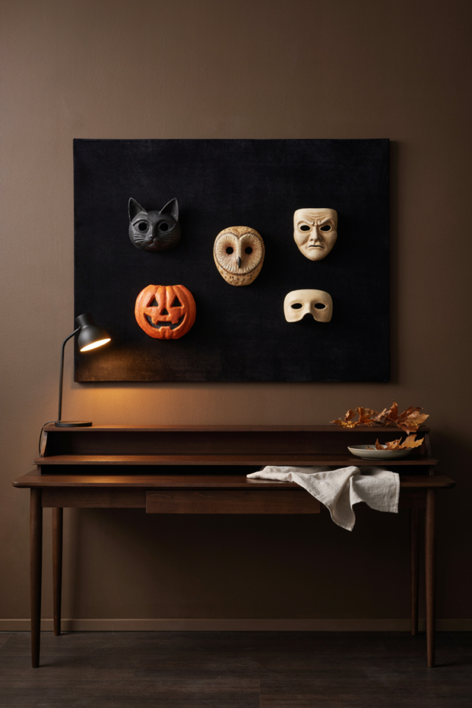Five vintage-style paper-pulp masks mounted on a black velvet board above a console