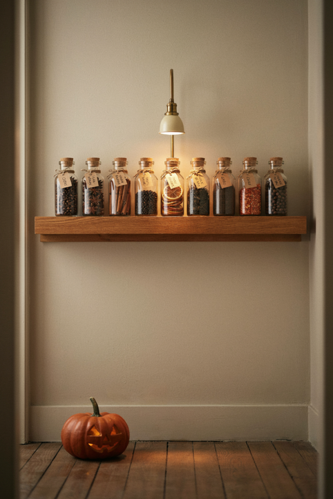 Floating shelf with labeled glass jars of spices and dried oranges on a greige entryway wall