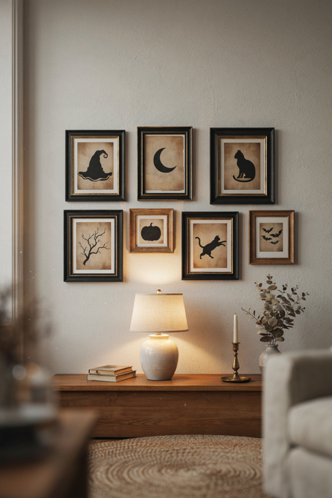 Gallery of mismatched picture frames holding black paper witch, moon, and cat silhouettes above a console