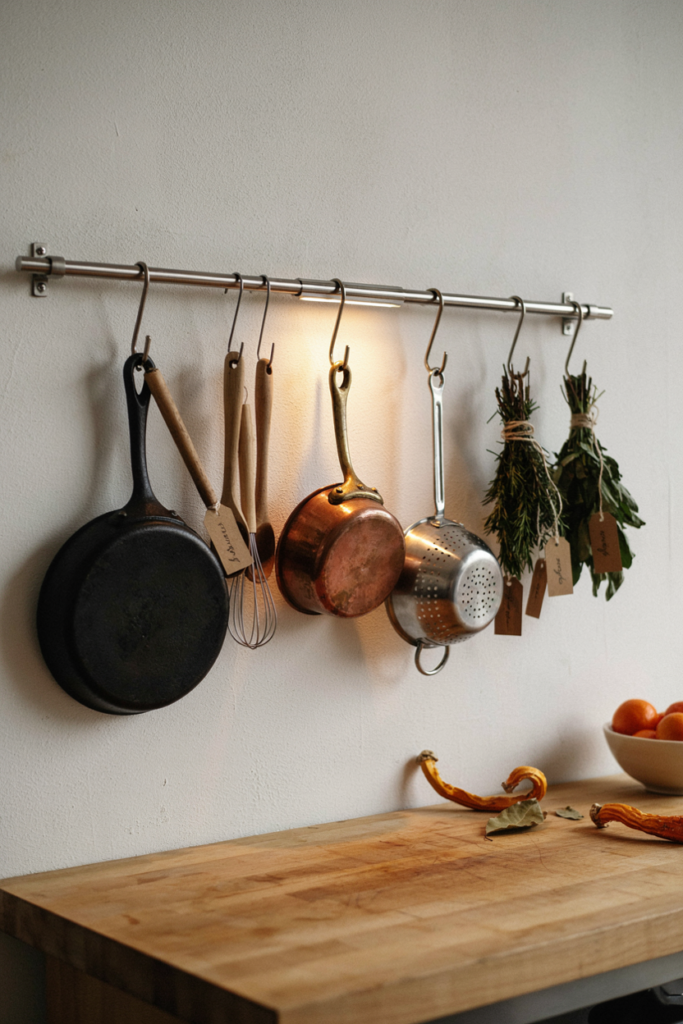 Cast iron skillet, copper pan, and herb bundles hung from a steel rail on a kitchen wall