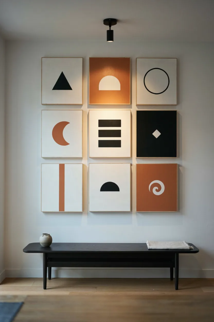Nine square painted panels with geometric black, white, and orange shapes in a grid