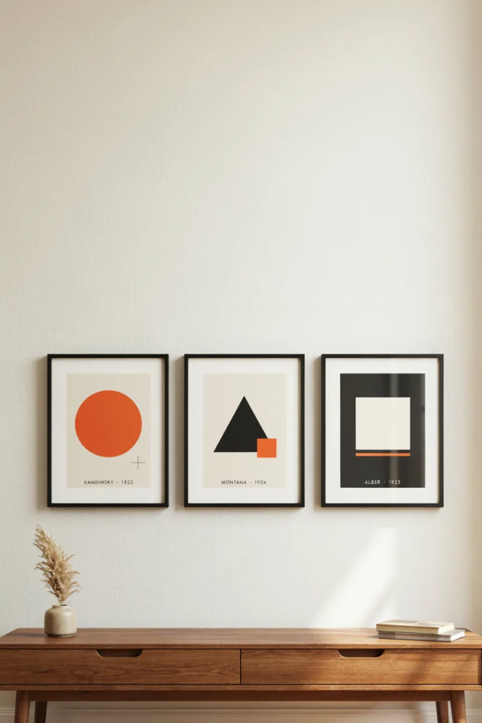 Three framed Bauhaus-style posters with orange circle, black triangle, and bone square