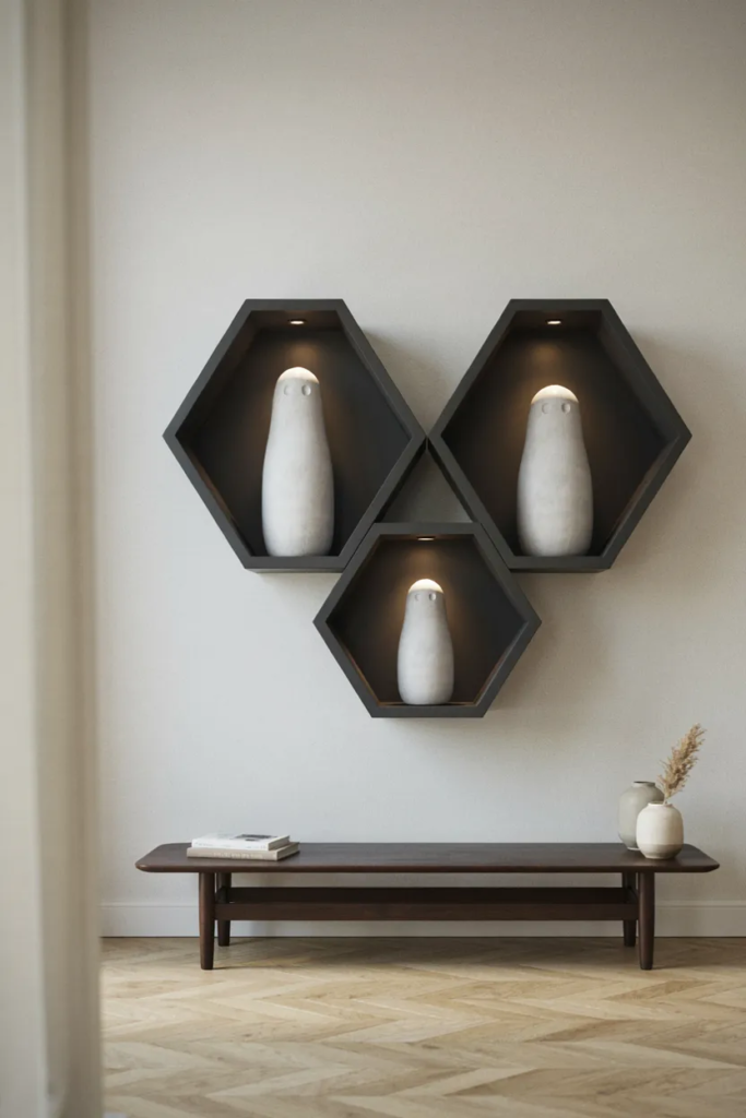 Three black hexagon shelves each holding a white ceramic ghost on a bone wall