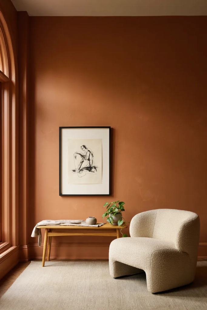Burnt orange wall and trim with one black frame above a pale oak console