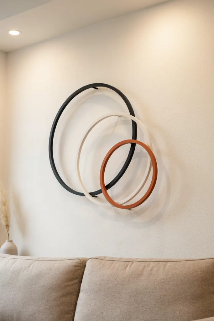 Three overlapping steel rings in black, white, and orange on a wall above a sofa