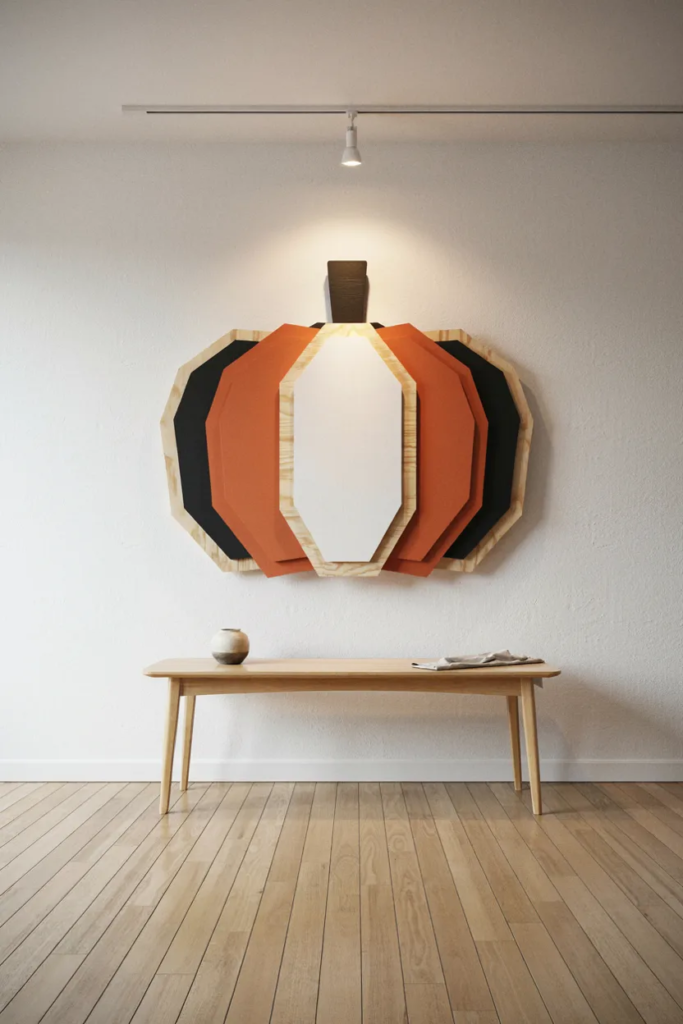 Layered plywood pumpkin relief in black, orange, and bone on a bone-colored wall