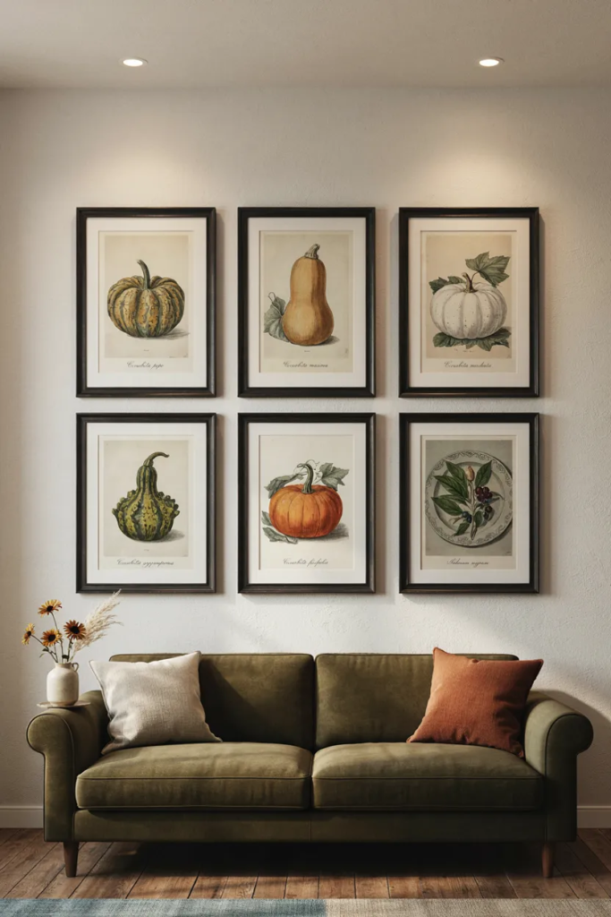Grid of six framed botanical pumpkin prints in black ash frames above an olive sofa on a bone-white wall