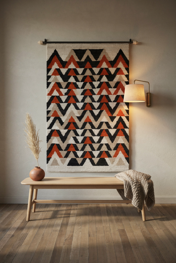 Flat-woven wool hanging with black, white, and orange triangles on a black steel rod