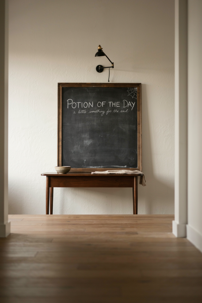 Walnut-framed chalkboard with Potion of the Day lettering and a chalk cobweb corner