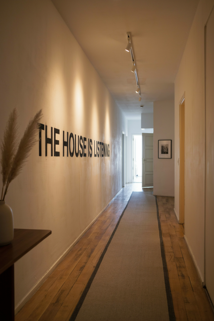 Black stenciled lettering reading The House Is Listening along a white hallway wall