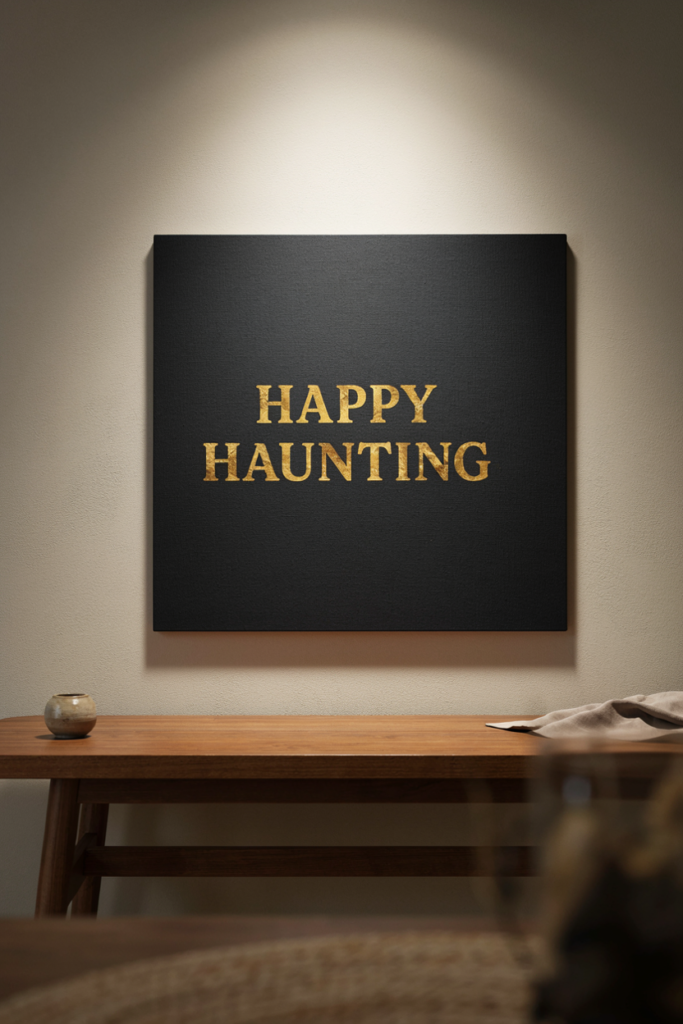 Black canvas lettered in gold leaf with the words Happy Haunting above a walnut console
