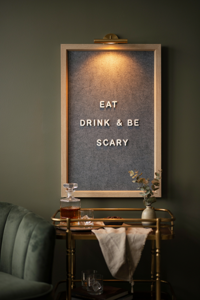Oak-framed charcoal felt letter board spelling Eat, Drink & Be Scary above a bar cart