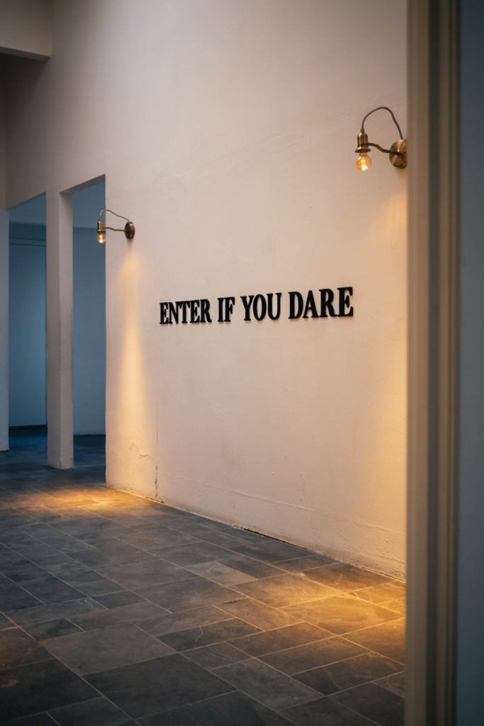 Black vinyl lettering reading Enter If You Dare on a white hallway wall between two sconces
