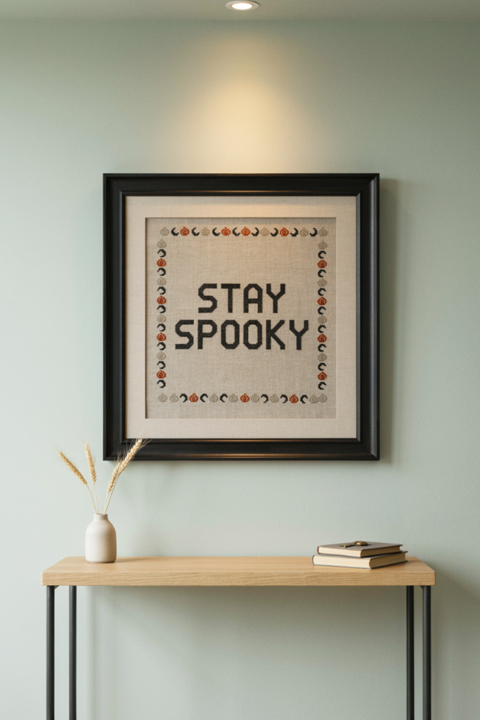 Framed cross-stitch sampler reading Stay Spooky with pumpkin and moon borders on a sage wall