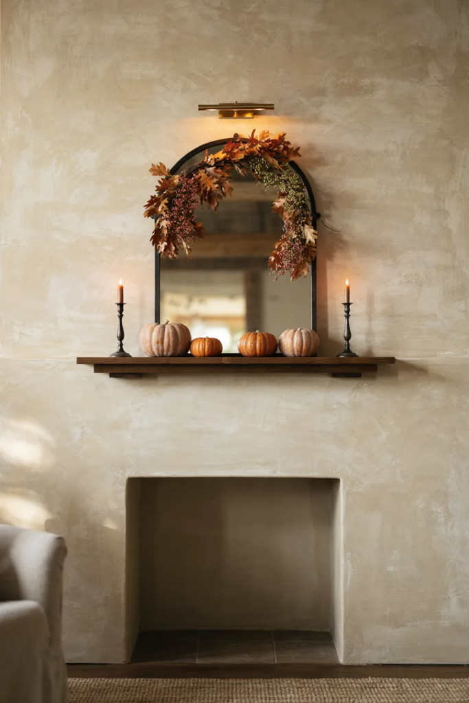 Black arched iron mirror with oak-leaf garland and heirloom pumpkins on a fireplace mantel